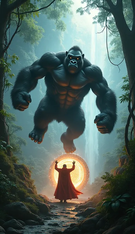 A gorilla swings through the jungle, pounding its chest in dominance, while Doctor Strange stands at the edge of a mystical city, holding a glowing portal open. Both creatures wield immense power, one grounded and primal, the other a master of the mystic a...