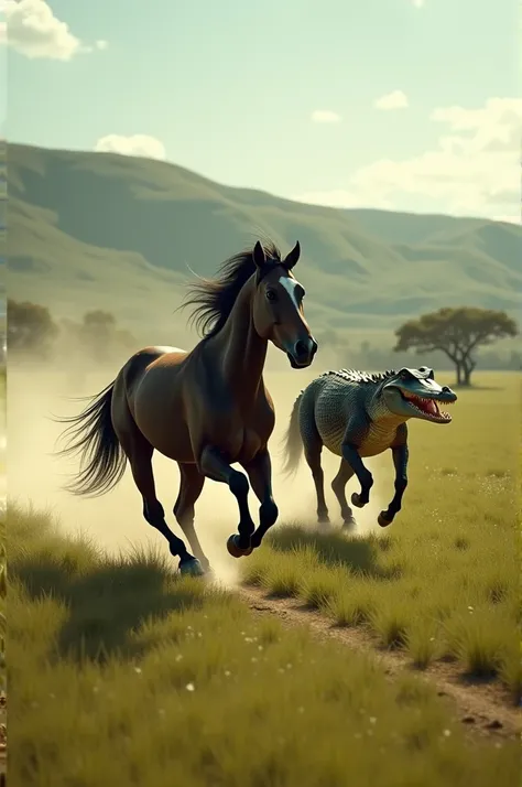 Crocodile and horse running at Grass land 