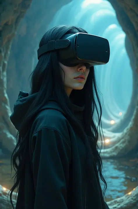 Virtual Reality Holes Woman, Black Long Hair, Blue Eyes, Black Hooded