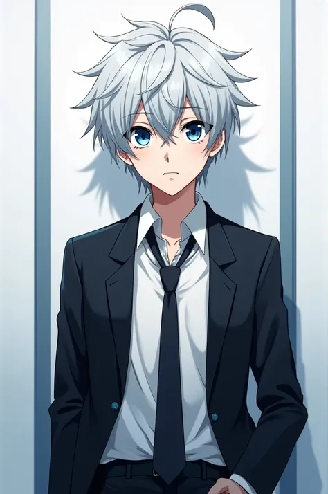 &quot;High quality anime art, high school boy with white hair, upturned blue eyes with cold emotionless stare, trident bangs, wearing Japanese school uniform with unbuttoned black blazer and loose tie, thigh-length shot showing untucked shirt, standing pos...