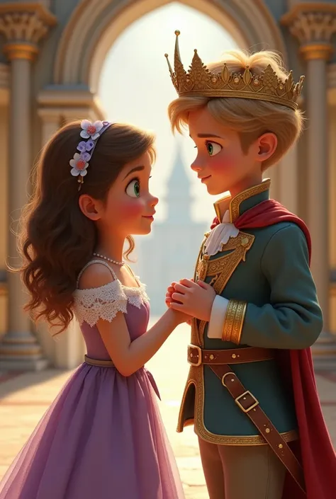   A little girl with brown eyes and wavy brown hair  ,   dressed in a purple dress with lace flowers with a toy strap on his head and a smile on his face,   and in front of her a taller boy with emerald eyes and blond hair  ,  dressed in a princes costume ...