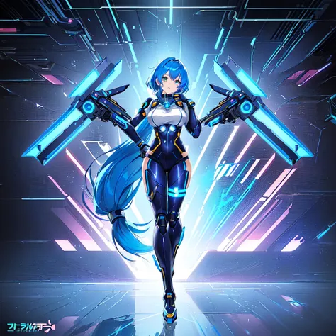  anime character with blue hair,  the girl in the cyber-combat suit, , Cyborg Valkyrie Girl , Official character art,  cute girl,, Valkyrie style character,  Perfect Anime Cyberpunk Female ,, Official character illustration ,  young girl , Blue Haired Anim...