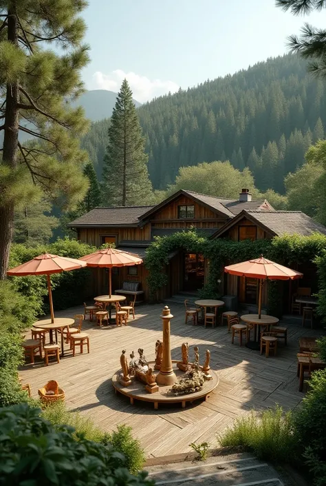 Small outdoor wooden guinguette in front of a hill of Scots pine trees from the Cevennes with several independent cocoon wooden terraces and weeping ground in the middle and old fairground merry-go-round 