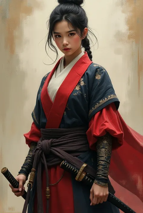 This stunning NFT image depicts a young female samurai in full regalia.  She stands proudly and confidently, holding a katana sword in her hand.  Her face exudes determination and courage, and her figure exudes strength and grace.  The painting is a tribut...