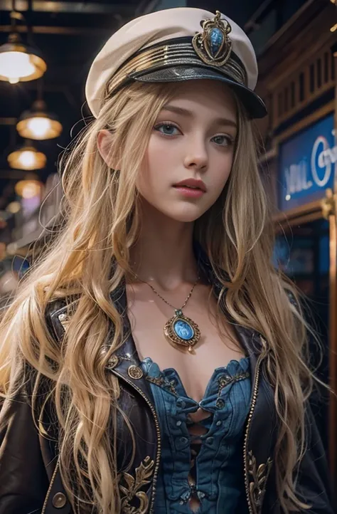   VERY DETAILED PORTRAIT OF A BEAUTIFUL YOUNG WOMAN WITH STUNNING BLUE EYES  ,  Long Blonde Hair ,  Slim Body ,   Hes walking around wearing a steampunk style costume with his shoulders bare  ..., Set in a dark old central station, (Best Quality, 4K, 8k,  ...