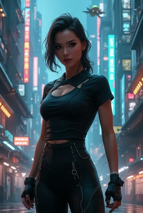 A woman in cyber city wearing tight shirt