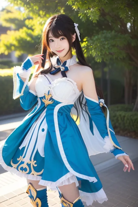 photo-realistic quality、a japanese model is standing wearing blue accented clothes,   cosplay, anime girl  cosplay,  cosplay pho...