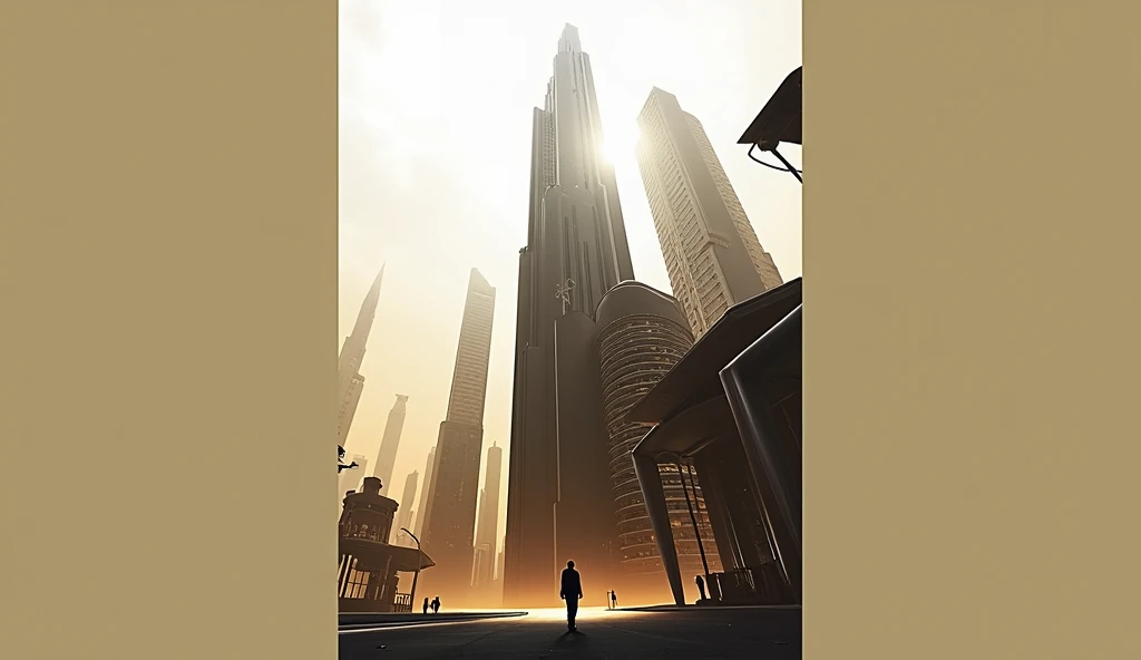 a view of a group of tall futuristic buildings from the ground, sci-fi buildings, perspective from below, looking up perspective, tall buildings on the sides, high buildings, high-tech sleek buildings, upwards perspective, ultra-futuristic buildings, looki...