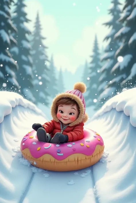 Drawing of a small boy riding an inflatable donut down a snow slide seen from the profile