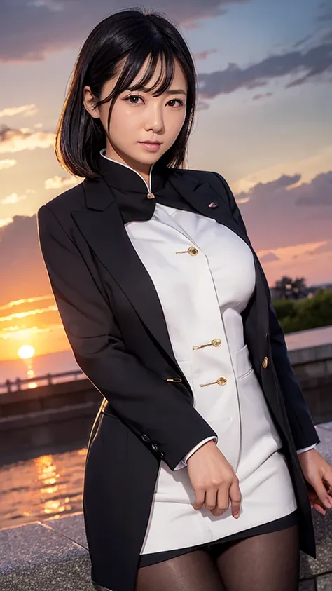  high resolution on down, high quality,  very detailed,  Textured Skin,  Ultra High Definition,  Japanese、 Office Lady Overlapping the Sunset 、black miniskirt suit
