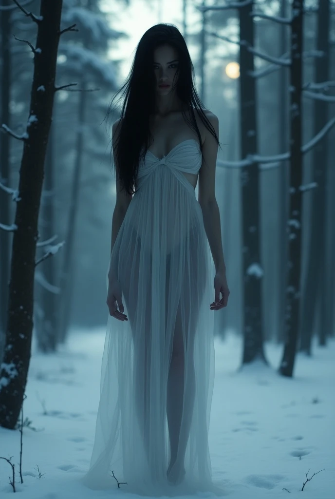 realistic, Cinematic, Ghost of a nordic black-haired woman in a see-through dress showing her breasts and vagina, In a dark and snowy forest 