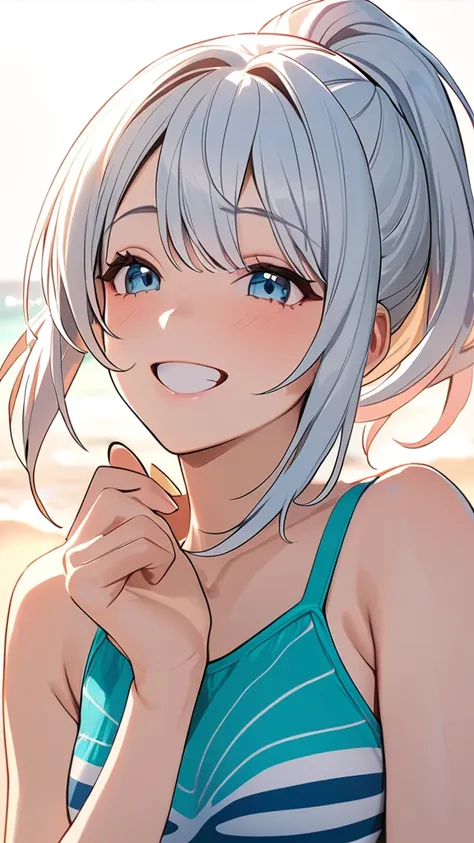 1 girl, ( cute face), smile,  medium hair,  ponytail,  Pretty Girl Game swimsuit ,  medium chest, Attitude to play with friends , 明るいエネルギー  
break,  beach , ( bright light:1.2), Summer sun,  Fun Vibes ,  
break, The sound of waves,  beach ボール, Playing in t...