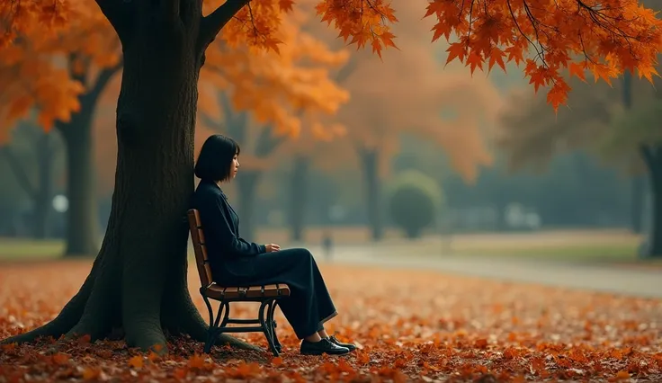  Autumn Sad Song MV Promotion Poster Cover，Fallen leaves，bench， Back View of People Leaving ， Desolate Atmosphere ，Autumn Filter ，Ultra HD，155 cm tall Asian woman with average body .  medium length hair that reaches the shoulder. 큰 단풍나무 밑 bench에 앉아 있다.  Re...