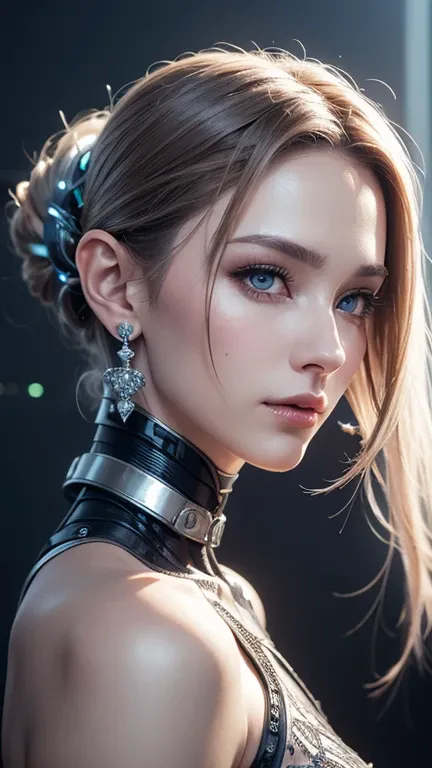 an image of a woman in a silver dress with a headpiece and earrings, beautiful cyborg priestess, beautiful cyborg girl, beutiful girl cyborg, beautiful female cyborg, beautiful cyborg woman, portrait of a cyborg queen, cyborg noble woman, perfect cyborg fe...