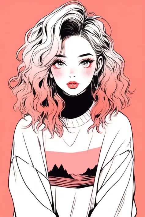 (Best Quality, Sketch: 1.2),
realistic,illustrator,anime,one girl,lips,jumper,custom,coral gradient background,neon hair,texture trimming,canada,masterpiece,style retro classic,noir dark