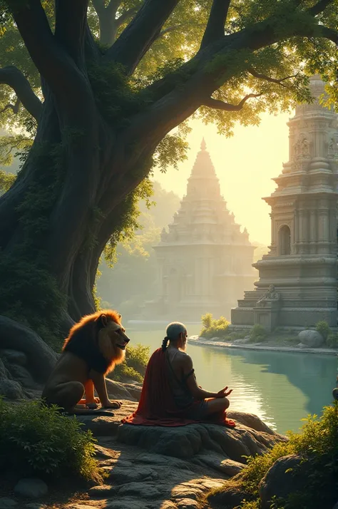 A 1200-year-old ascetic, sitting in Padmasana on a lions skin, is deep in meditation under the shade of a massive ancient tree. Nearby, a lion sits calmly, observing the scene with a peaceful yet powerful presence. In the background, a mythological temple ...