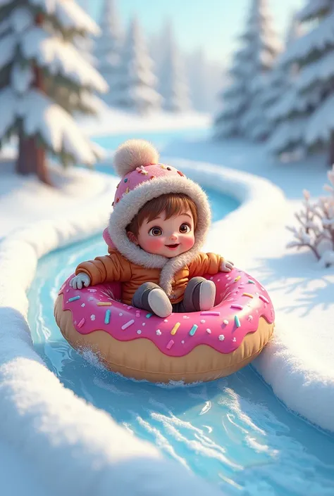 Drawing of a toddler riding an inflatable donut down a snow slide. The  is seen in the picture from the profile