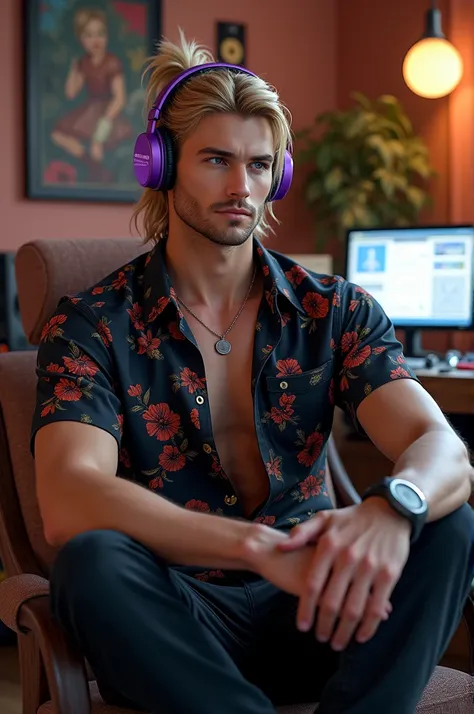 A handsome man with blond hair in a bun is wearing purple headphones wearing black floral clothes sitting in a studio room.