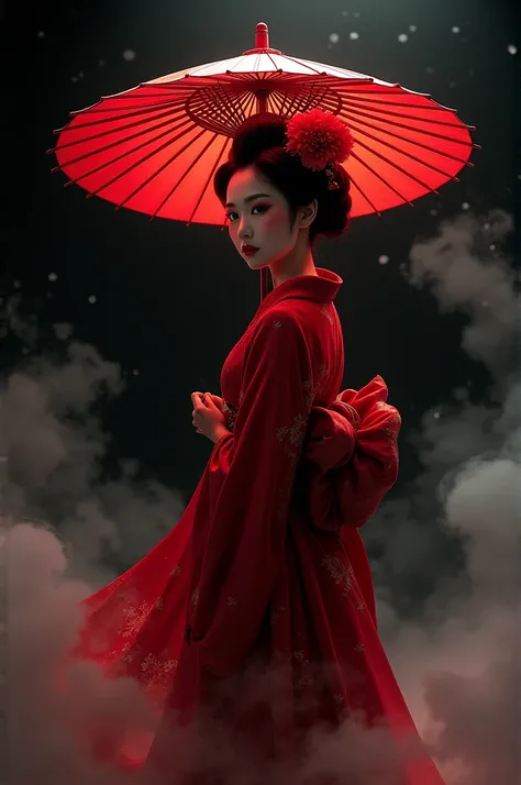 a red geisha wearing an umbrella. black background with white smoke billows on the right and left sides