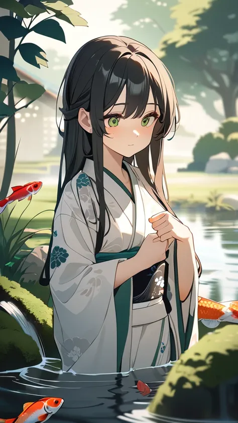 1 girl, ( cute face), Big Eyes,  long hair, Side slicing , Japanese style kimono, Delicate embroidery,  medium chest,  calm expression , 優雅な動作  
break,  Japanese Garden, (Soft Light:1.2),  quiet atmosphere ,  
break, Flowing Water, Pond with swimming koi, ...