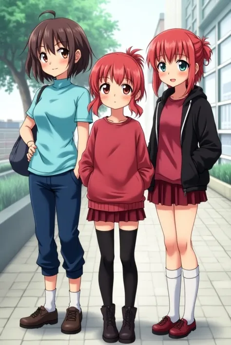 Create three girls: girl number one with curly and brown hair, a little short, brown eyes and a sky blue t-shirt and a turtleneck, uniform type and navy blue pants, anime-style bell and school background, girl number two with short and dull red hair and a ...