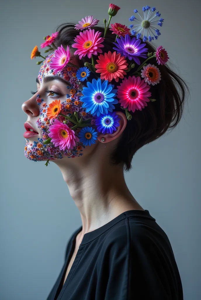 Surreal theme, Master Photography,  High-end gray background ,  A close-up of the upper body of a beautiful woman with a white mushroom head and short hair ,   Beautiful neck and collarbone  , She has no face ,  Her face is replaced by flowers of various colors ,  The focus of the picture is a strange combination of these flowers and characters, Beautiful and terrifying,Neon