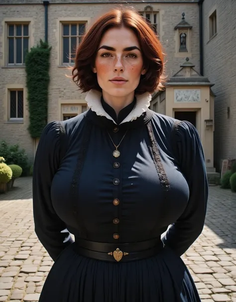 Photorealistic, cinematic style, a picture of a beautiful British woman standing in the courtyard of a Elizabethan manorhouse. cobbled stone pavement, grey stone walls, small stained glass windows. She is wearing a black Elizabethan era dress with high nec...