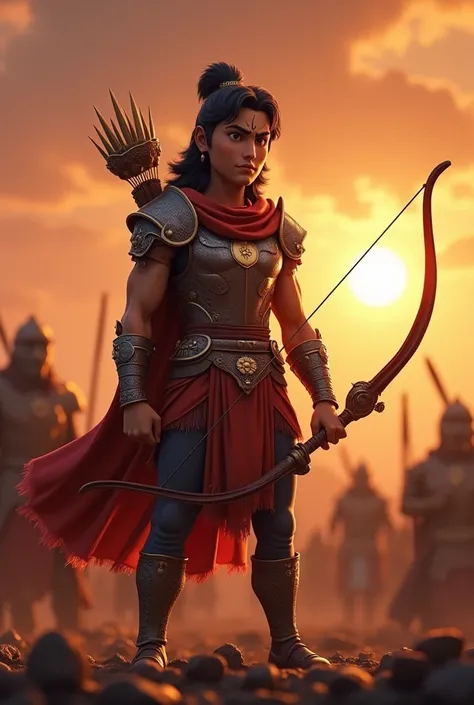 In Cinematic 3d cartoon style "Central Figure: Karan in his warrior armor, holding his bow (a symbol of his prowess) with a look of determination on his face.
Background: A battlefield scene with a hint of a sunset, symbolizing the end of a journey or life...