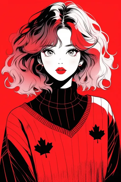 (Best Quality, Sketch: 1.2),
realistic,illustrator,anime,one girl,lips,jumper,custom,red gradient background,neon hair,texture trimming,canada,masterpiece,style retro classic,noir dark