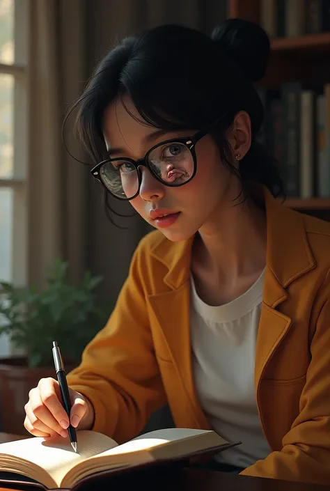 A white person reading a
Book , wearing glasses,  A BLACK PERSON IN THE REFLECTION OF THE GLASSES HOLDING A PEN 