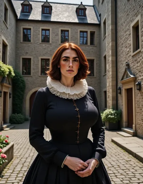 Photorealistic, cinematic style, a picture of a beautiful British woman standing in the courtyard of a Elizabethan manorhouse. cobbled stone pavement, grey stone walls, small stained glass windows. She is wearing a black Elizabethan era dress with high nec...