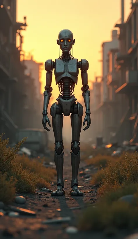 Abandoned Factory and Robot at Sunset

"A robot stands in the space of an old, abandoned factory. The robot is humanoid in design, with slightly rusted metallic surfaces, intricate joints and almost human-like eyes. The orange and gold colors of the sunset...