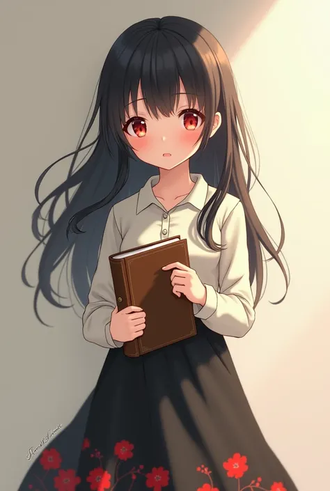 very young anime girl with long black hair, red eyes, button long sleeve shirt tucked in, black skirt with red flower designs, shes holding a brown journal
