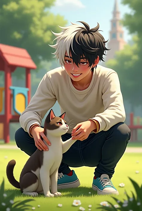 A handsome teenager guy, scarlet red eyes, half white and half black hair, in a white sweater and black jeans, in a playground playing with a stray cat and hes smiling brightly.