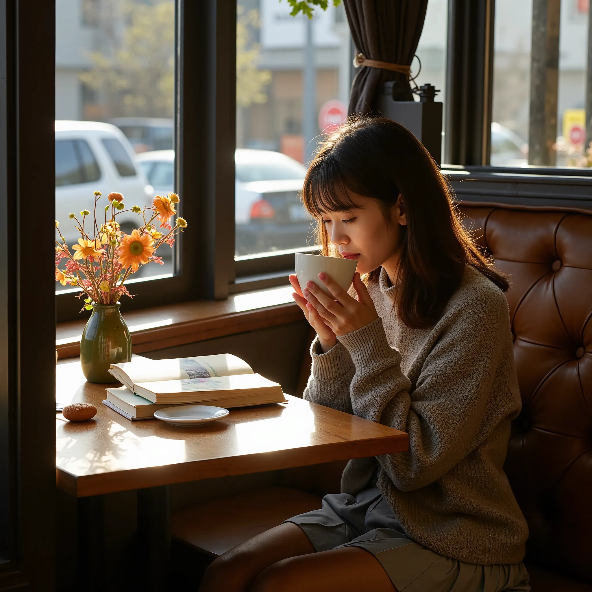 picture a cozy café nestled in the heart of kyoto, where a young japanese woman enjoys a leisurely afternoon. the light through ...