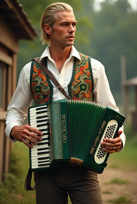 An elegant man in Gaúcho clothing with straight blond hair, Playing a green accordion .