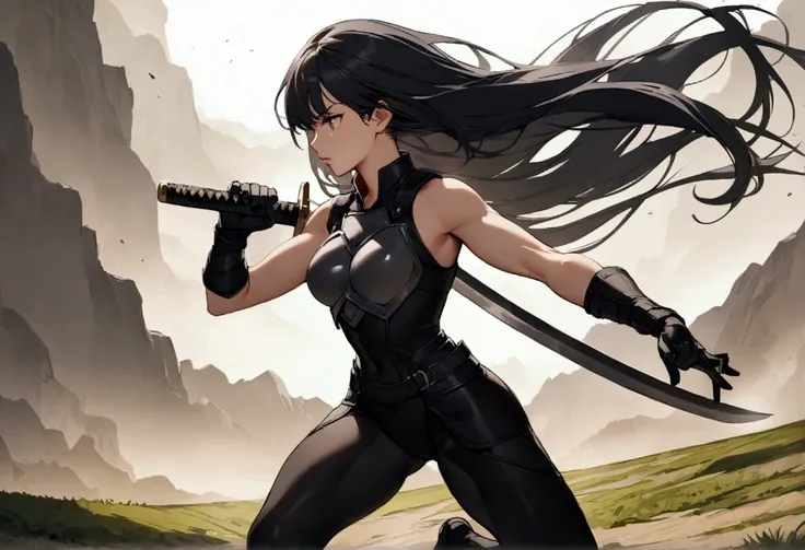 black hair, long flowing hair, age 20, cinematic, light gray eyes, 1 girl, beautiful girl, long tight dark black leggings, tight gray chest armor, epic, black gloves, modern warrior holding 2 swords, masterpiece, left hand holding a sword, right hand holdi...