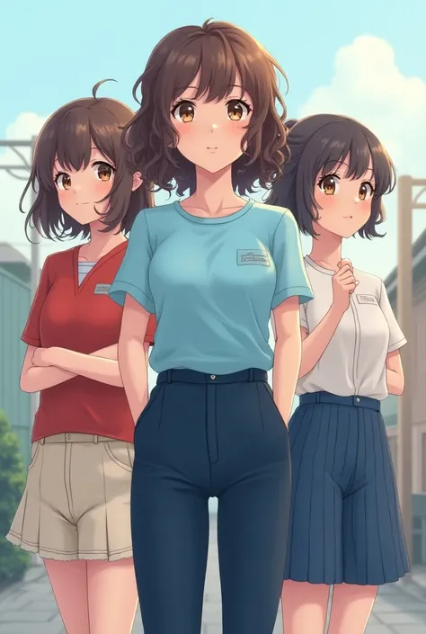 Create three girls the number one girl with curly and brown hair a little short brown eyes and a sky blue t-shirt and a turtleneck uniform type and navy blue bell-type anime pants 