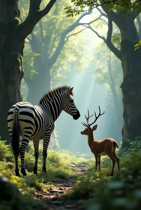 Zebra and deer in rock forest 