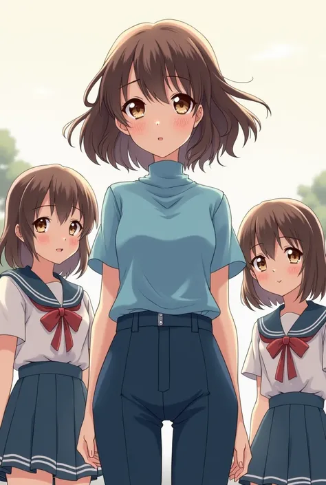 Create three girls the number one girl with curly and brown hair a little short brown eyes and a sky blue t-shirt and a turtleneck uniform type and navy blue bell-type anime pants 