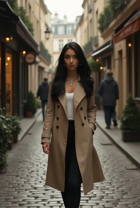 Walking alone through the streets of Paris in late fall 、 wearing a beige trench coat、Beautiful woman with long black hair、Necklace and earrings included、 real