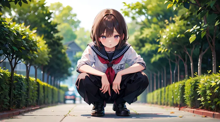 (masterpiece, best quality),1girl, solo,   outdoors , parted lips, black hair, white shirt, serafuku,     brown hair,  depth of field , squatting, look down