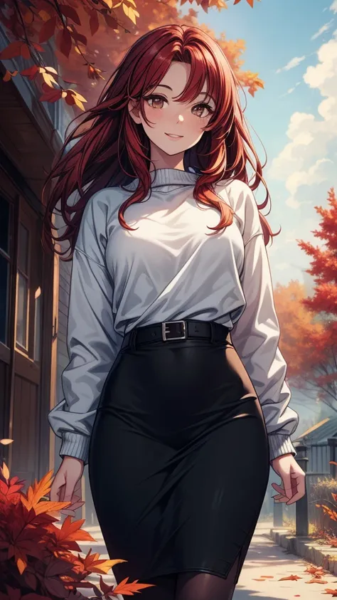 ((masterpiece, best quality:1.8, high detail)), beautiful woman, bright brown eyes, smile, wide-eyed, solo focus, long messy hair, ((dark red hair)), ((white sweatshirt)), (black pencil skirt), slim body, fall, garden, autumn leaves, (cloudy sky), ((realis...