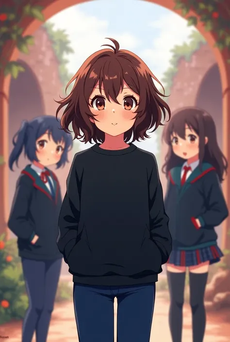 Create three girls the number one girl with slightly short curly and brown hair, brown eyes and a black uniform-type sweatshirt and navy blue pants, bell type anime. 