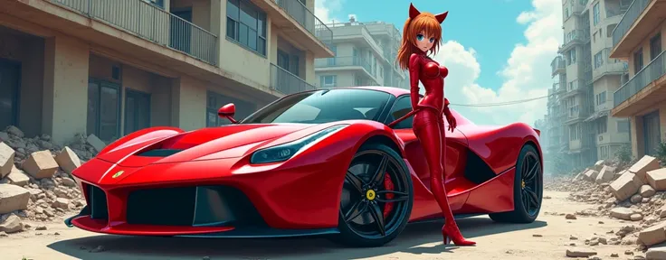   1 girl,  Souryu Asuka Langley ,  Neon Genesis  evangelion,  evangelion: NEW MOVIE ,  Cat hat, Plug Suit,   pilot suit,   red bodysuit  , black eyepatch,,, From below, , masterpiece, Best Quality,   so beautiful,  Leaning on the red Ferrari LaFerrari,  Ul...