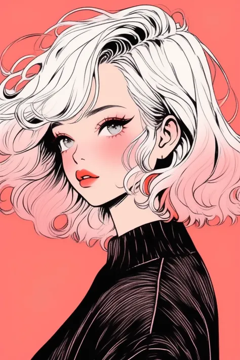 (Best Quality, Sketch: 1.2),
realistic,illustrator,anime,one girl,lips,jumper,custom,coral gradient background,neon hair,texture trimming,canada,masterpiece,style retro classic,noir dark