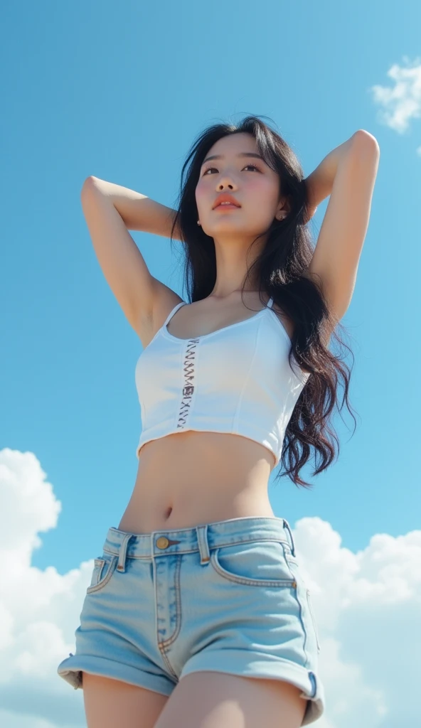 A low-angle photo of a Japanese-Korean girl with long black hair in a beautiful white jumpsuit posing outdoors amid a clear blue sky with occasional white clouds. She wears a white crop top that reveals her chest and zigzag, and light denim shorts, a sexy ...