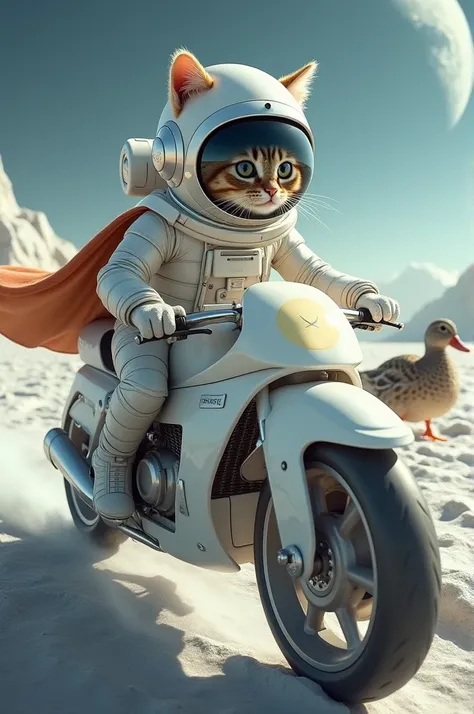 cat、Space Suit、 space helmet with crescent moon batch、White Cape、Lunar Surface、White Motorcycle、river、spot-billed duck