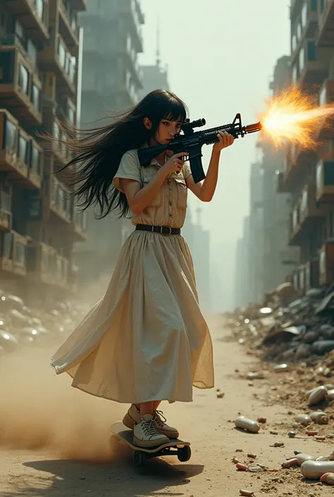 Best Quality,Highest quality, reality,Sadako,Very long black hair, face hidden with bangs ,Hide your face with your hair, large, squishy eyes visible from between hair , dingy white long skirt dress , shooting while holding a detailed AR-15 rifle , riding ...