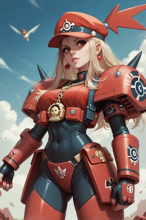 An armored Sister of Battle from Warhammer 40K as a Pokémon trainer in the art style of Pokémon Scarlet.